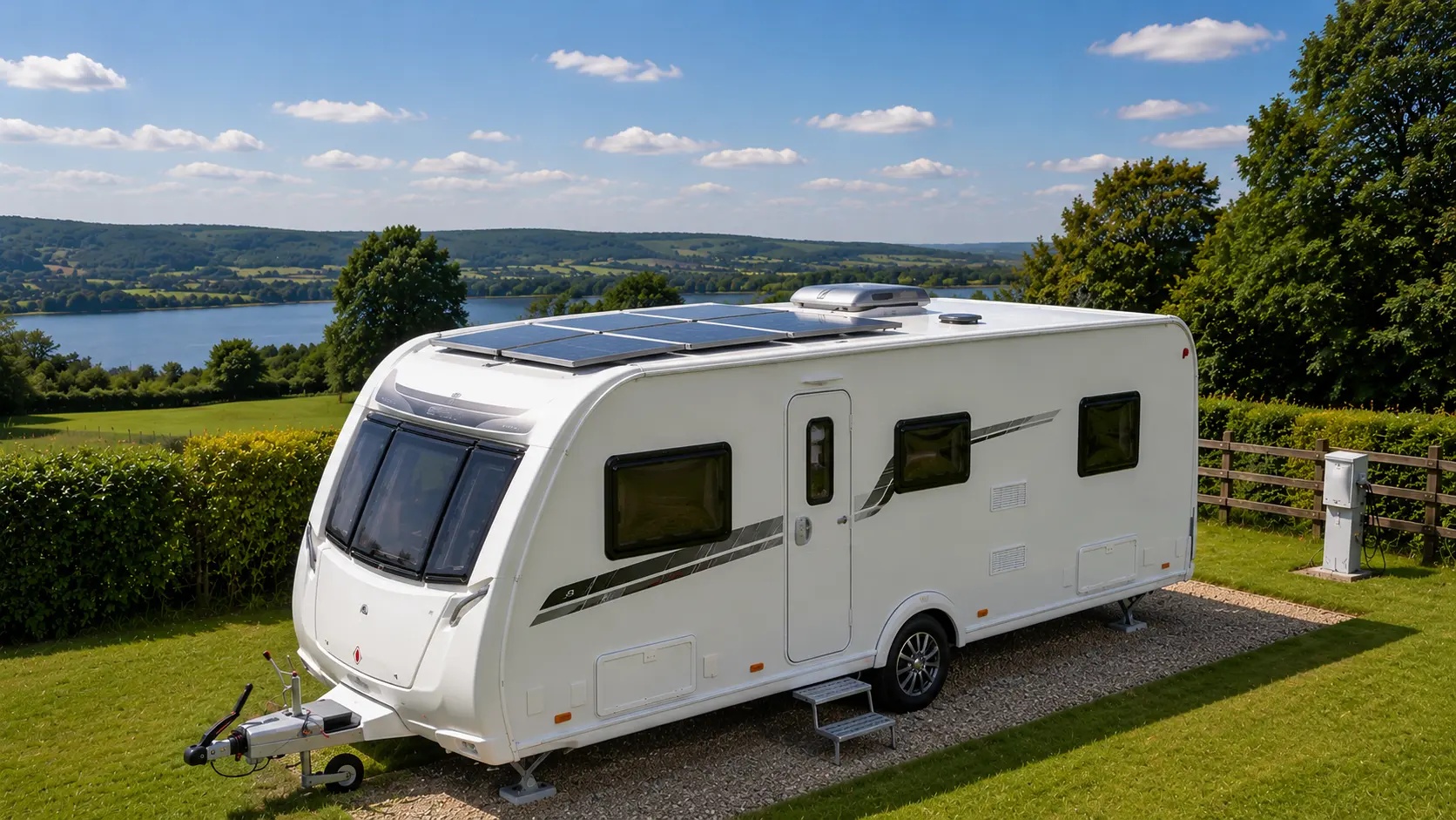 Solar panels fitted to the roof of a British touring caravan