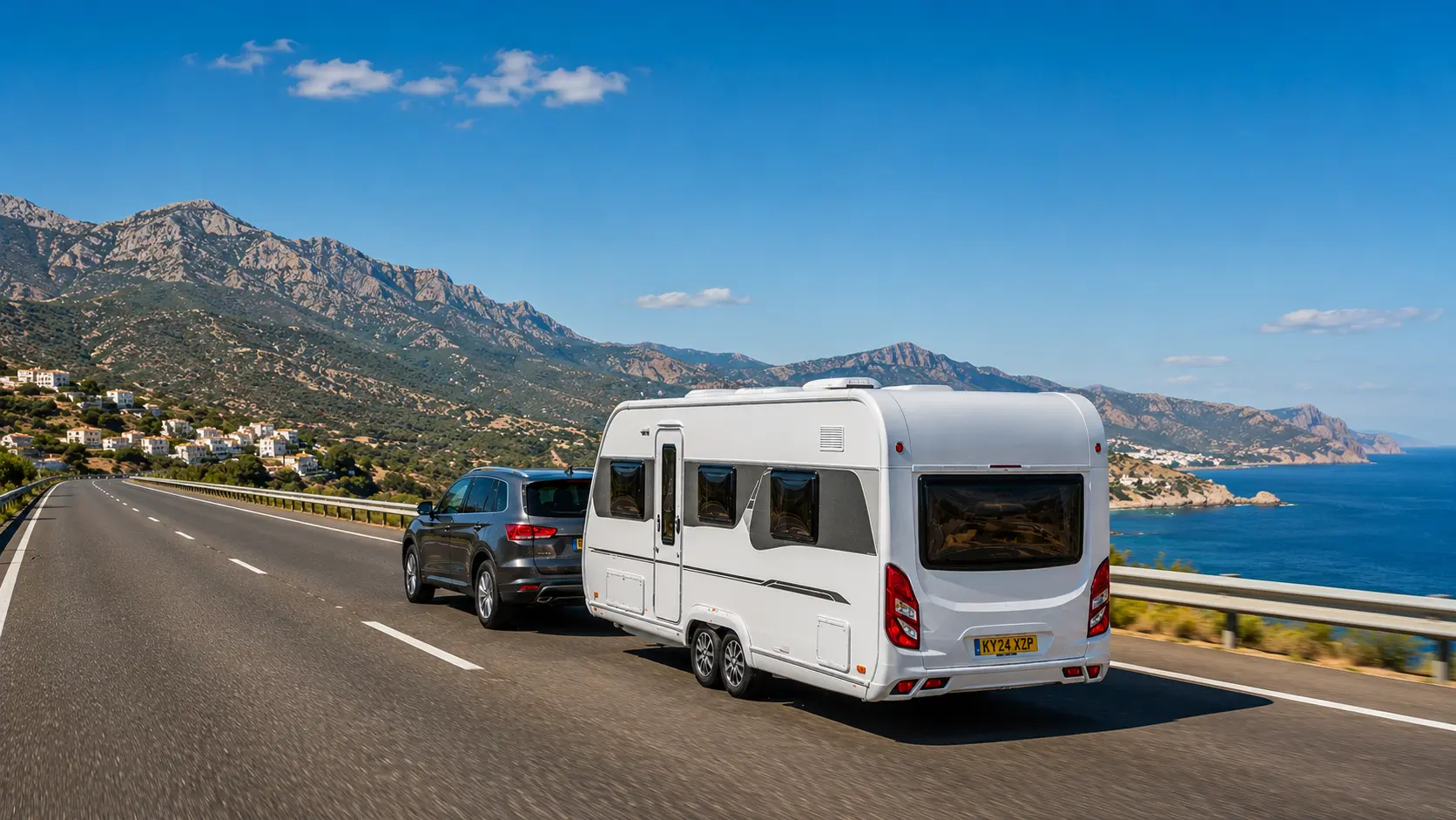 UK touring caravan being towed on a sunny Spanish motorway