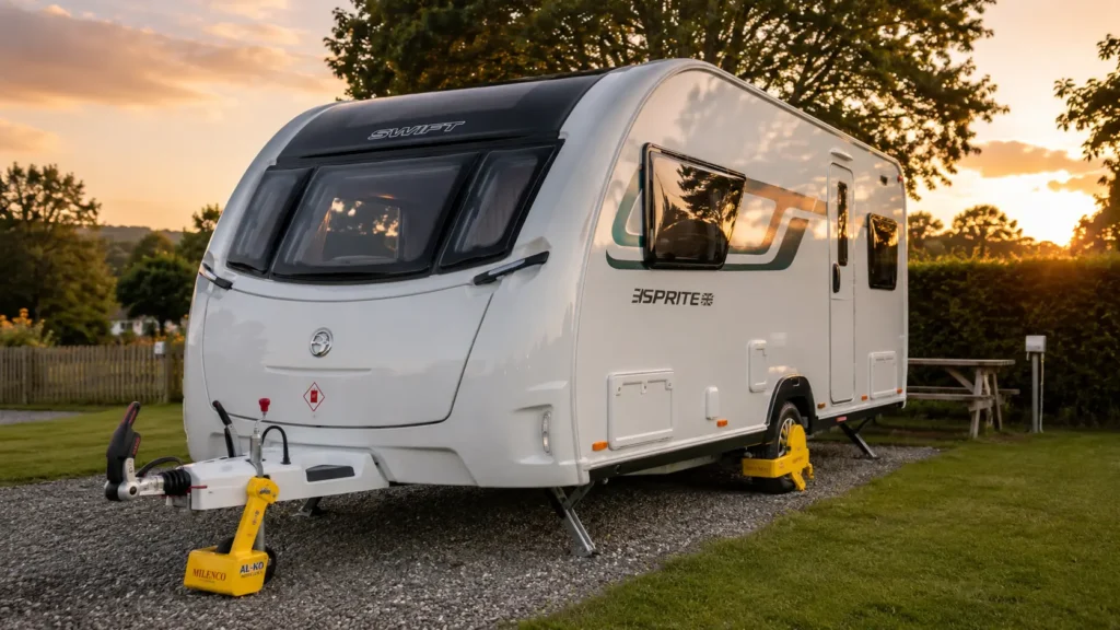 UK caravan protected with security devices on a campsite