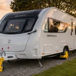 UK caravan protected with security devices on a campsite