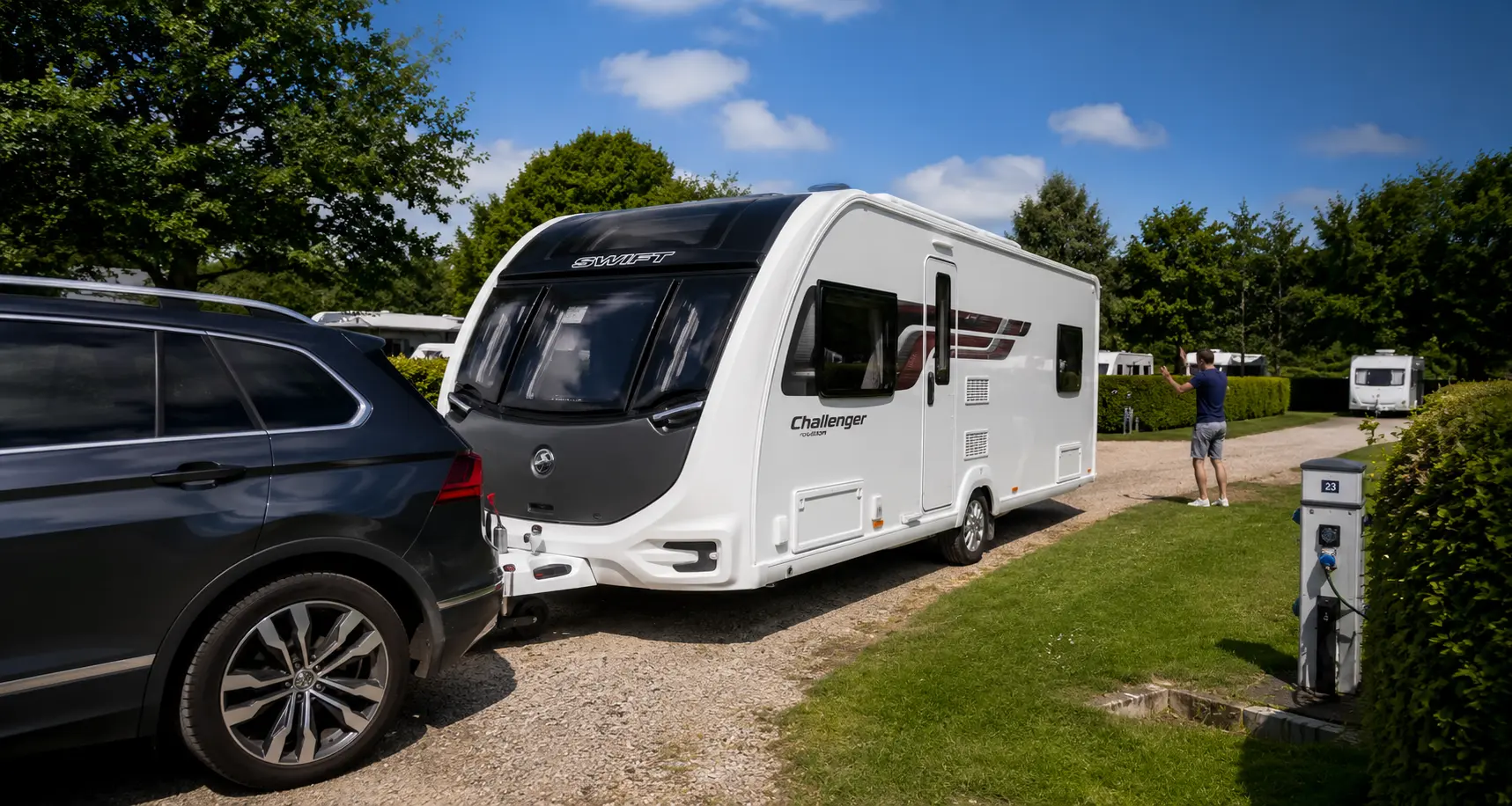 British caravan reversing onto a campsite pitch