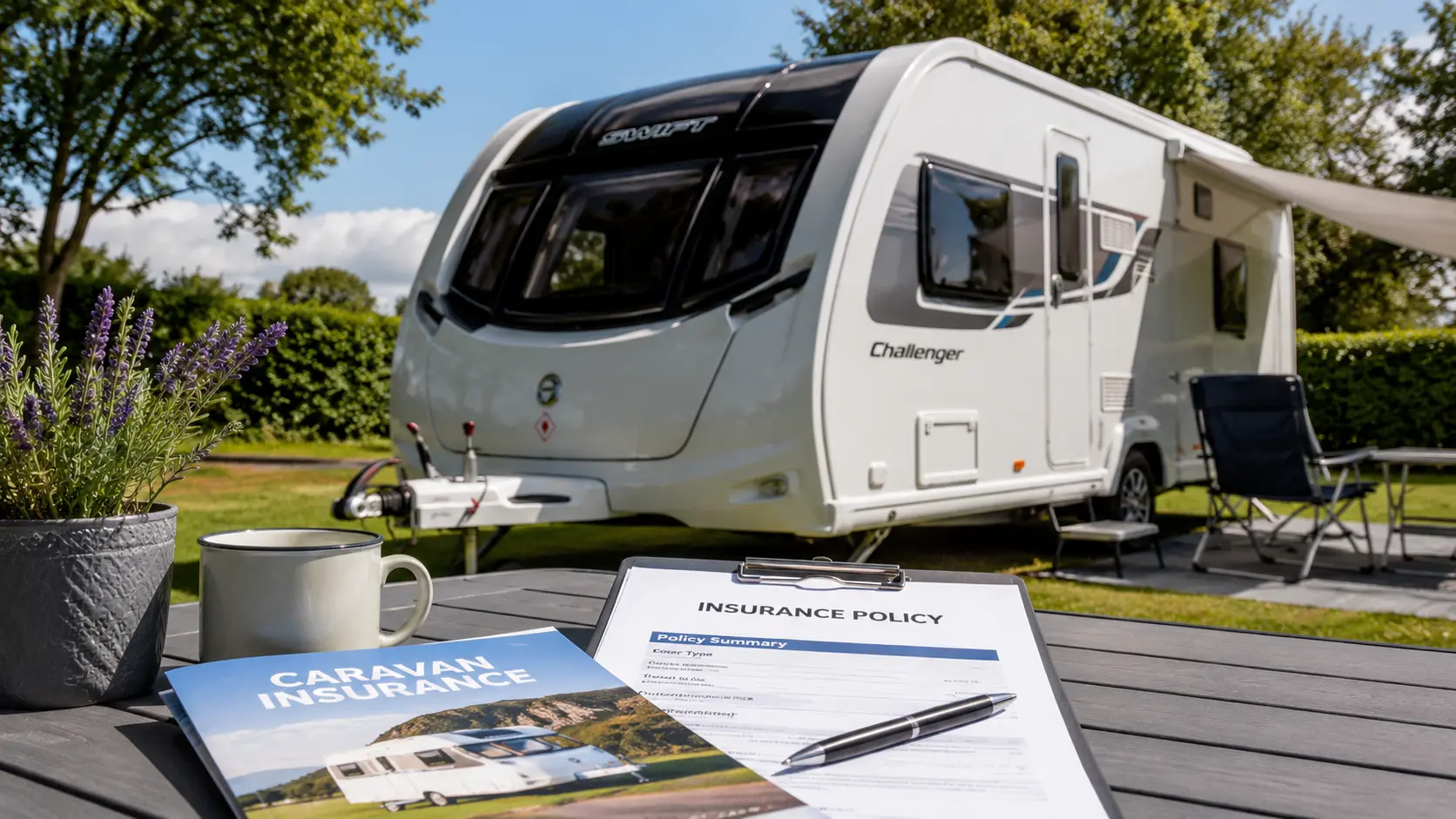 UK touring caravan with insurance documents on campsite table