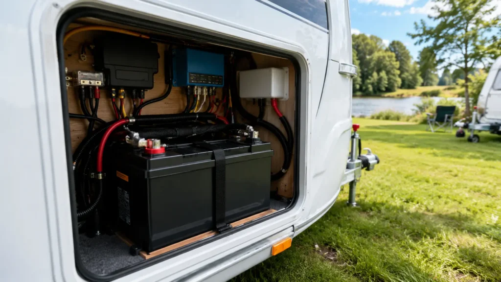 Caravan Battery Guide for Beginners showing a leisure battery installed in a UK touring caravan