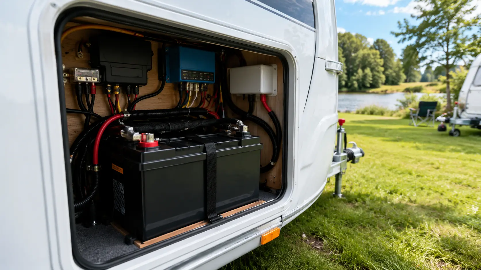 Caravan Battery Guide for Beginners showing a leisure battery installed in a UK touring caravan