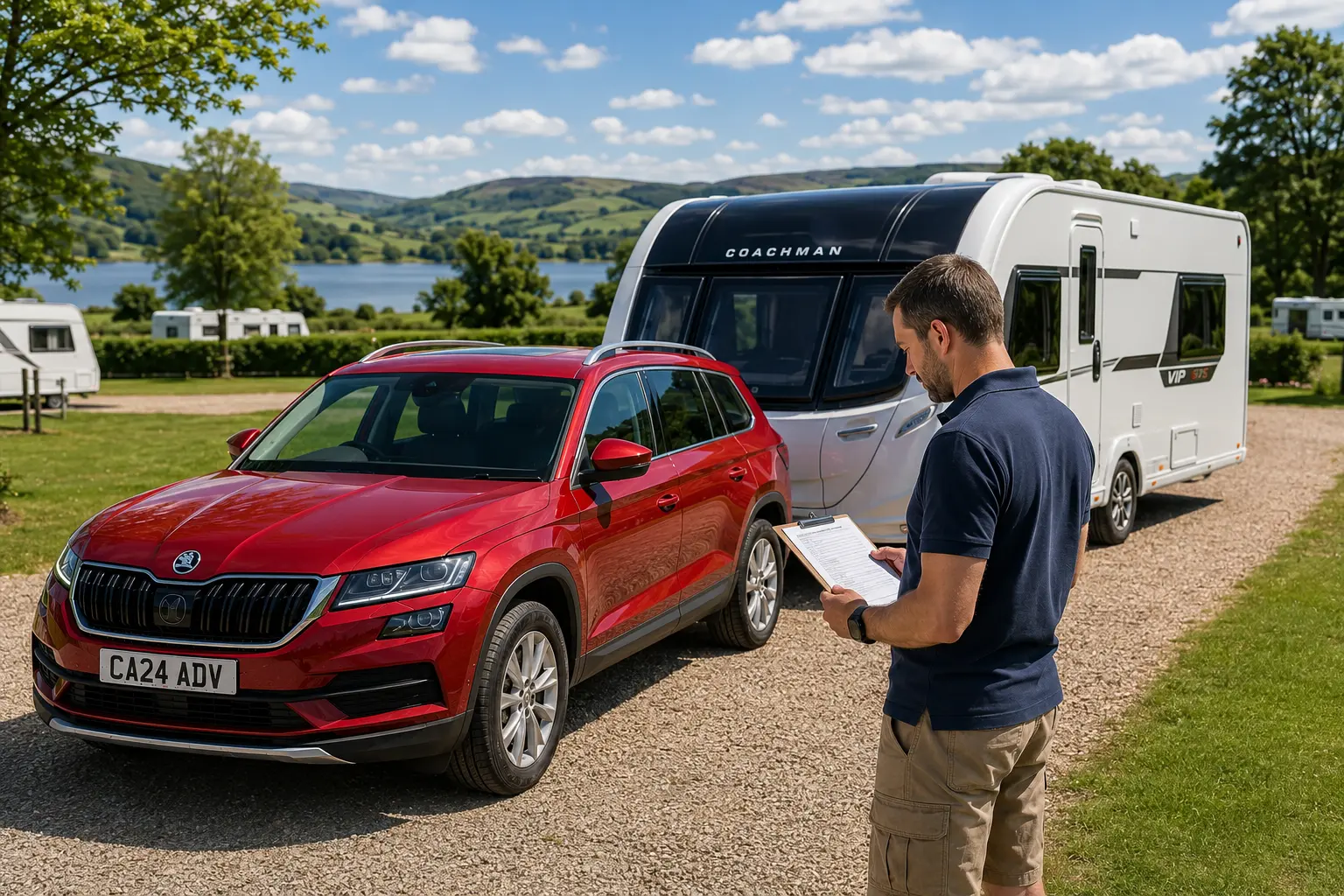 Caravan owner checking towing requirements beside a UK caravan