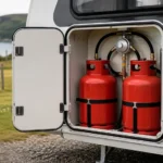 Propane gas bottles stored inside a UK caravan gas locker