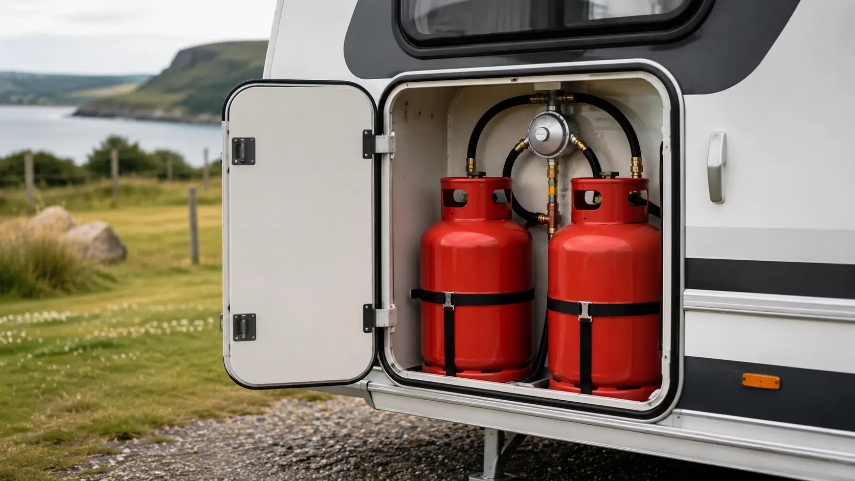 Propane gas bottles stored inside a UK caravan gas locker