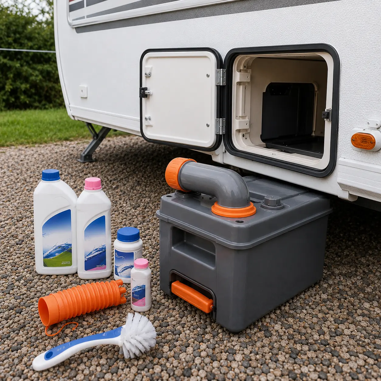 Caravan toilet chemicals beside a cassette toilet system