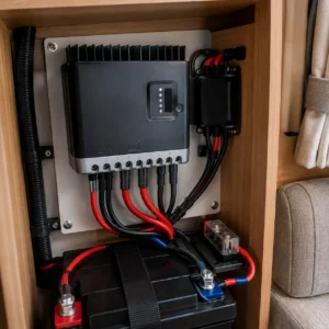 MPPT solar charge controller inside a British touring caravan