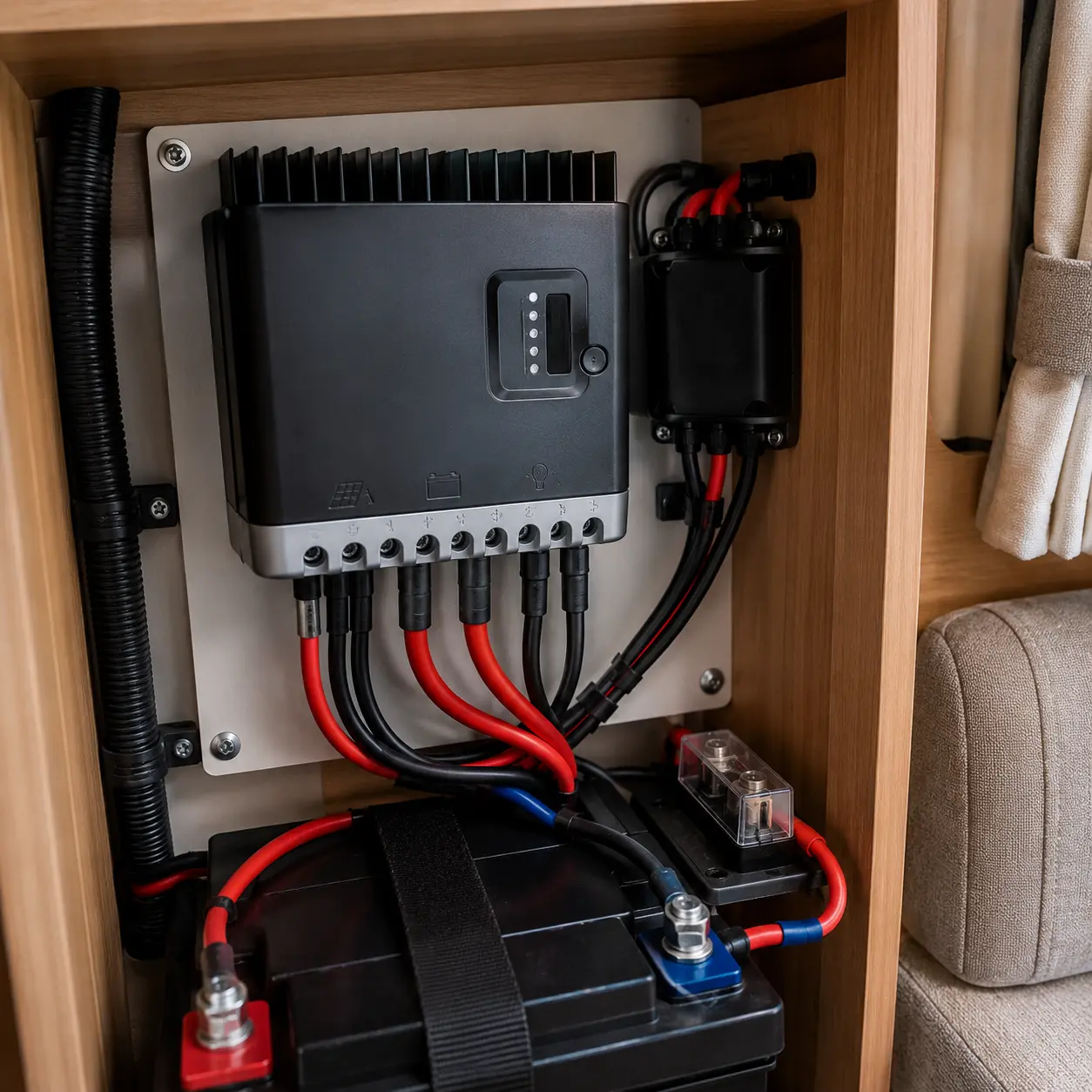 MPPT solar charge controller inside a British touring caravan