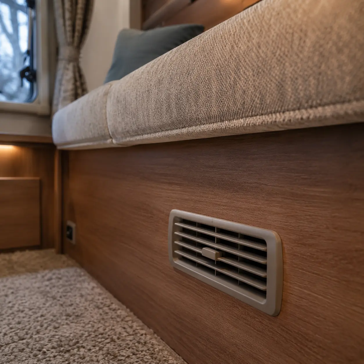 Blown air heating vent inside a British touring caravan