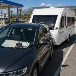 UK caravan and tow car stopped at a Spanish service area