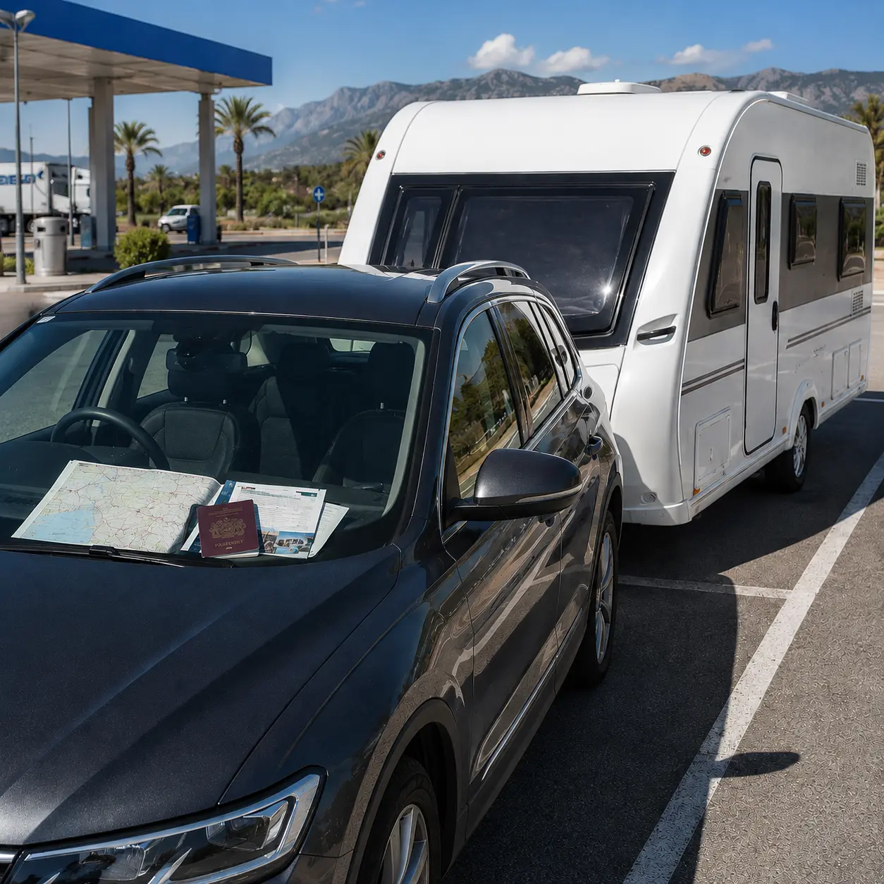 UK caravan and tow car stopped at a Spanish service area