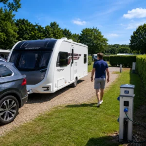 Caravanner inspecting campsite pitch