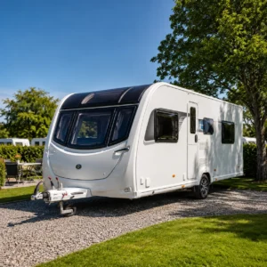 Touring caravan parked safely on a UK campsite