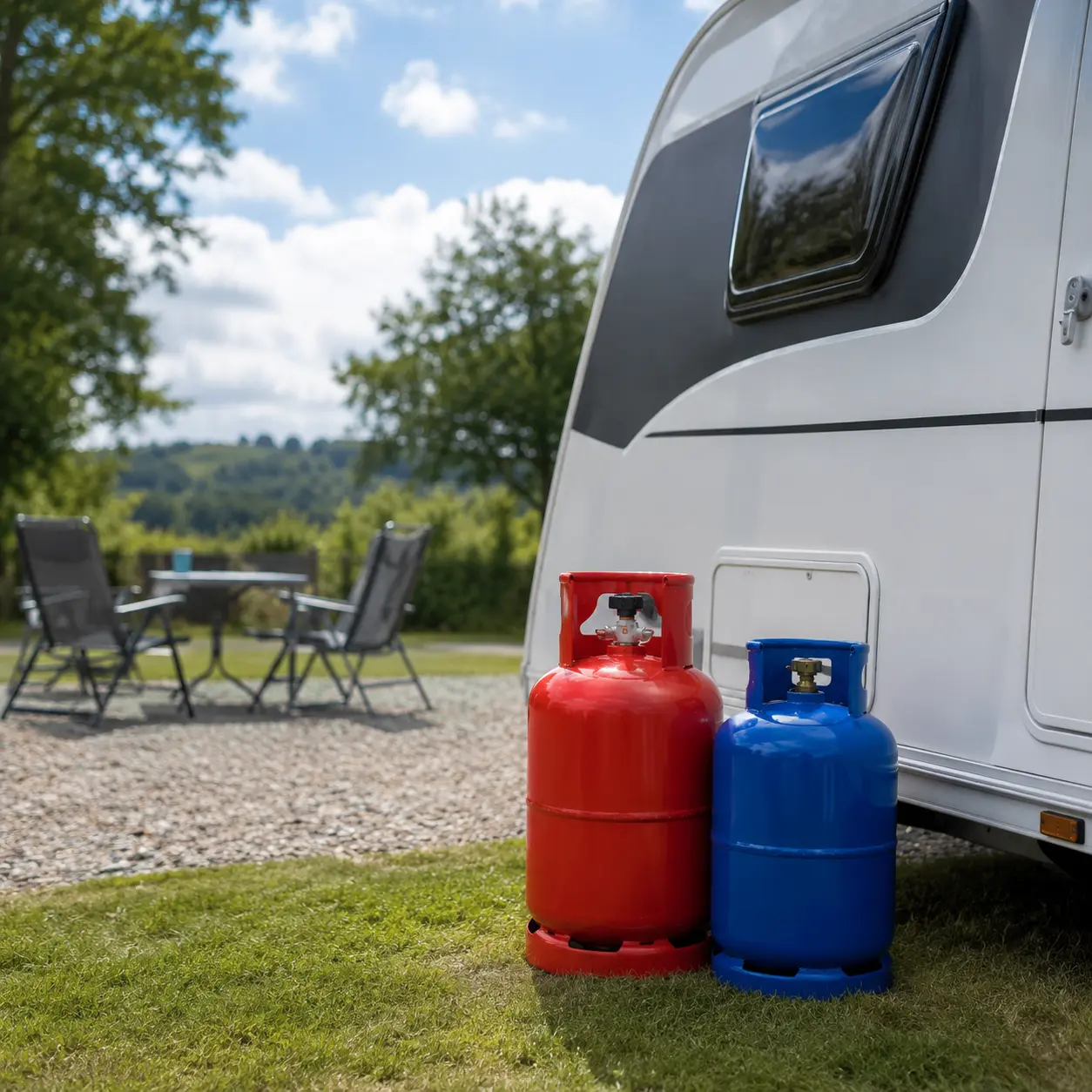 Propane and butane gas bottles beside a touring caravan