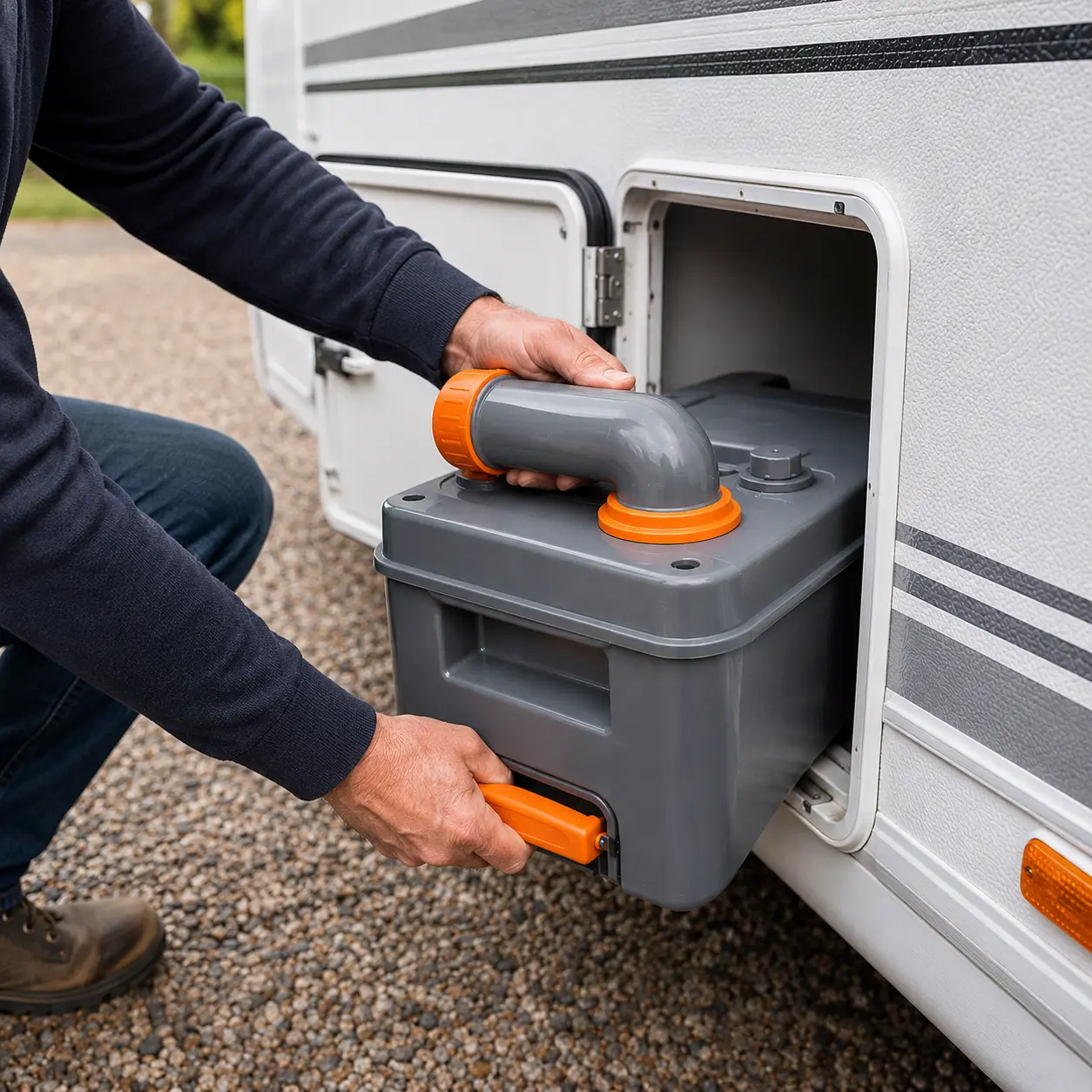 Removing a caravan toilet cassette from an external locker