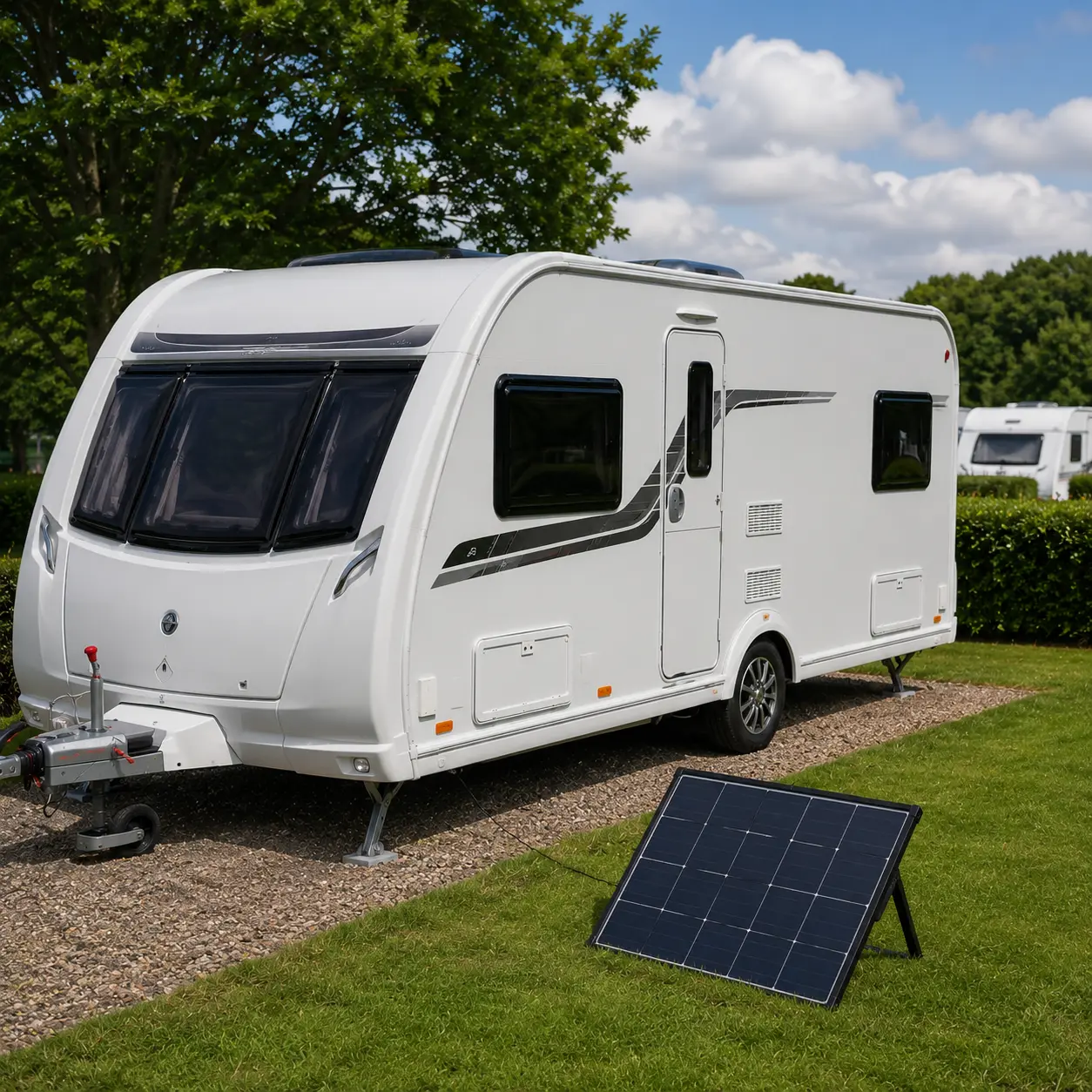 Portable solar panel beside a British touring caravan