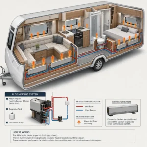Wet central heating radiator inside a touring caravan