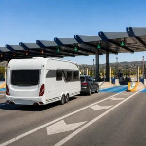 UK car towing a caravan through a Spanish toll road
