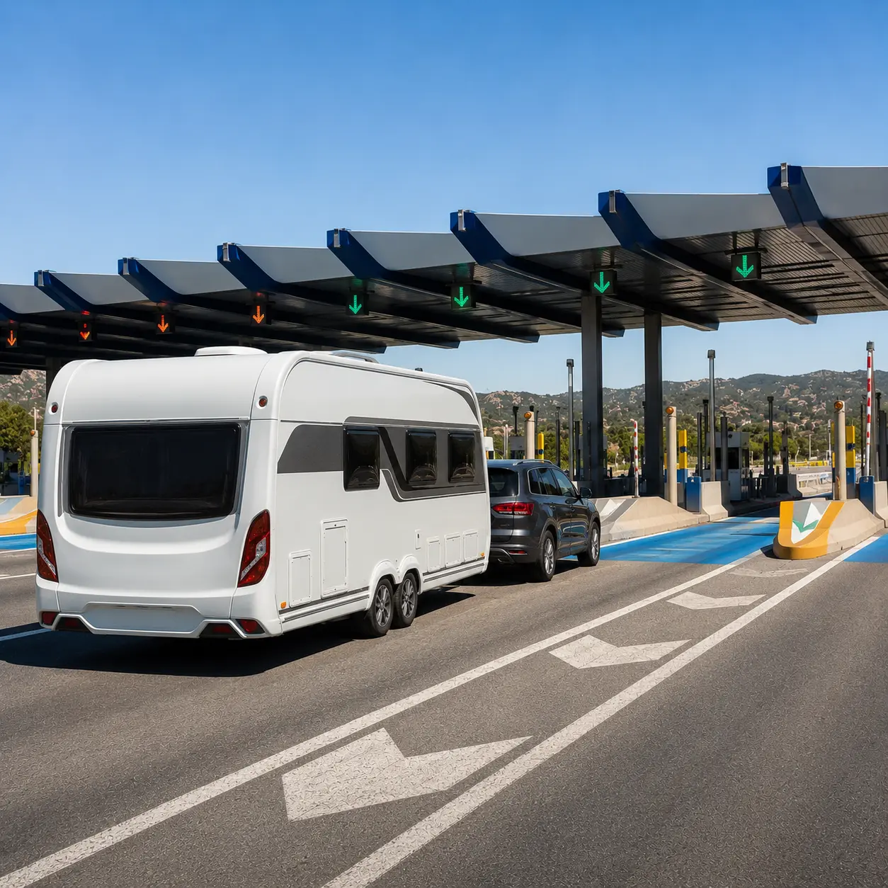 UK car towing a caravan through a Spanish toll road