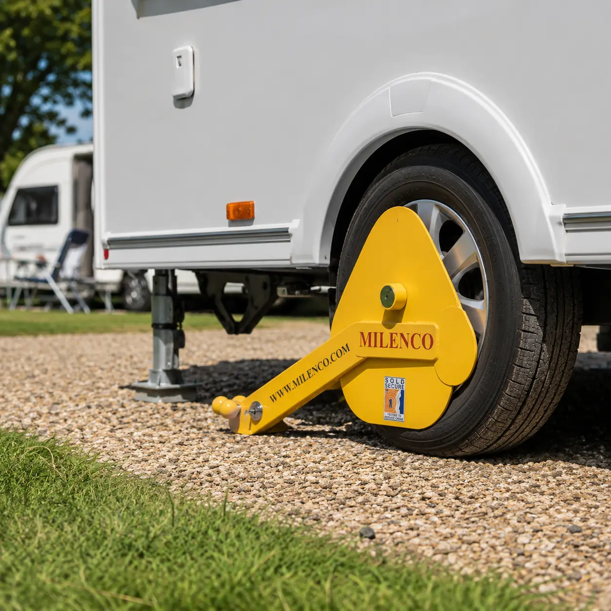 Wheel clamp securing a UK touring caravan