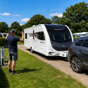 Person guiding caravan onto a pitch