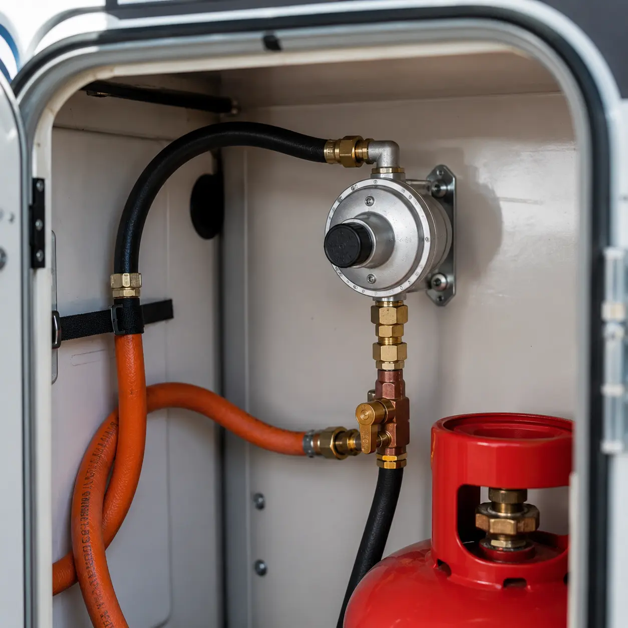 Caravan gas regulator and pigtail connection