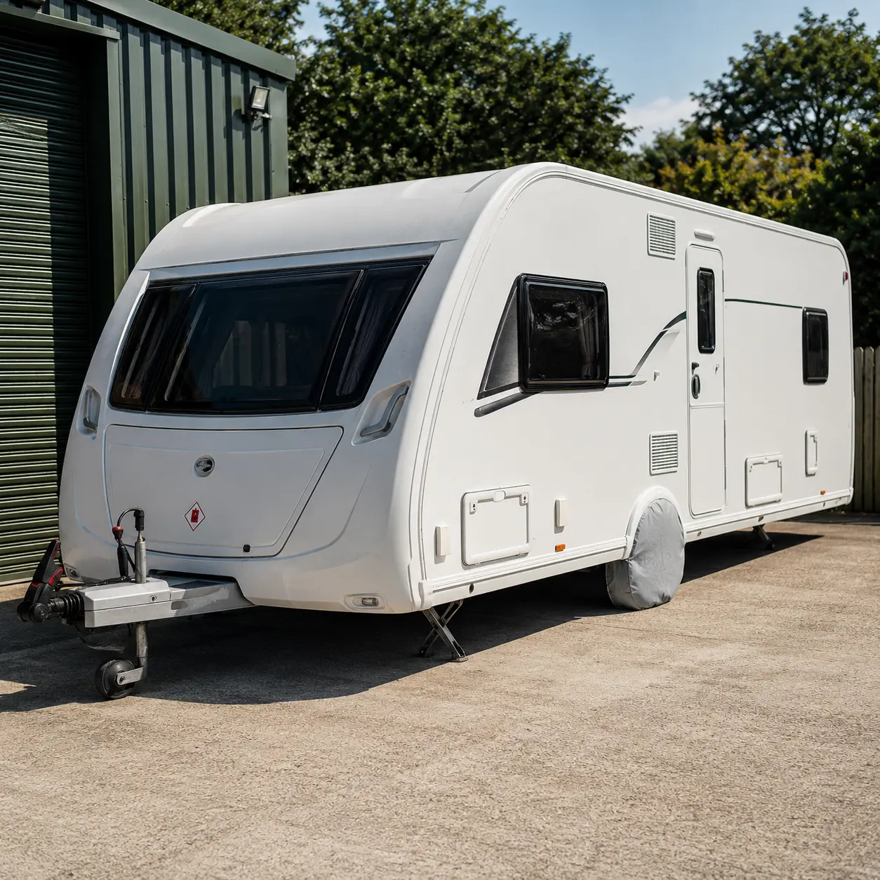 Touring caravan stored with tyre covers fitted