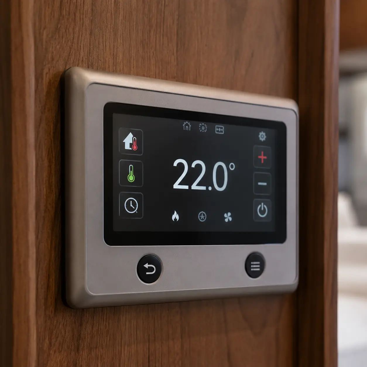 Caravan heating control panel with temperature settings