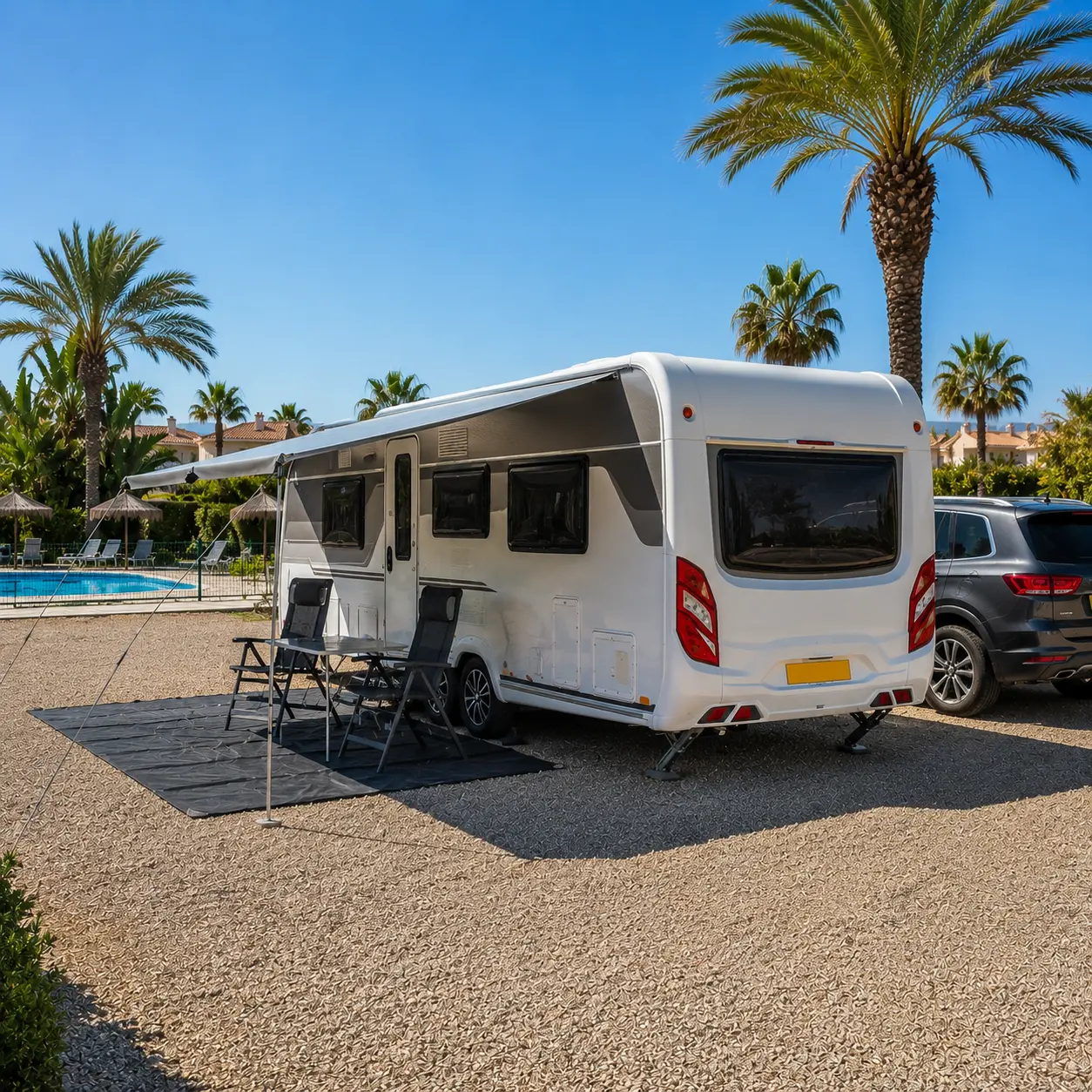 UK touring caravan pitched on a sunny Spanish campsite