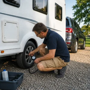 Caravan owner performing tyre safety checks before towing