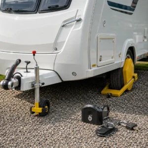 Wheel clamp and hitch lock fitted to a UK caravan