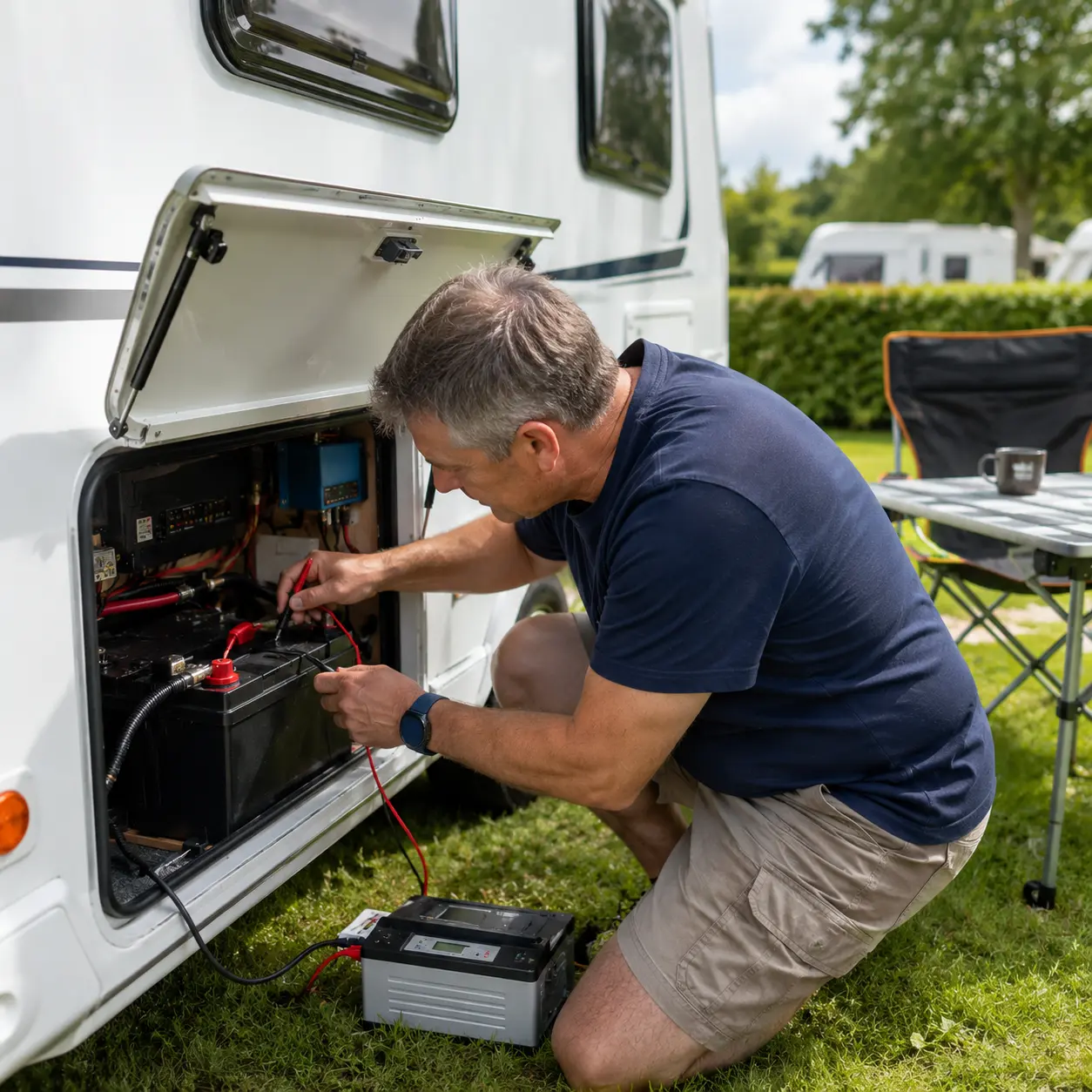 Caravan owner checking leisure battery condition