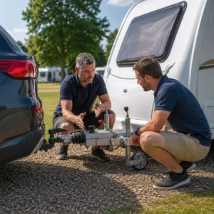 Caravan owner receiving towing guidance beside a caravan
