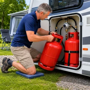 Caravan owner replacing a propane gas bottle