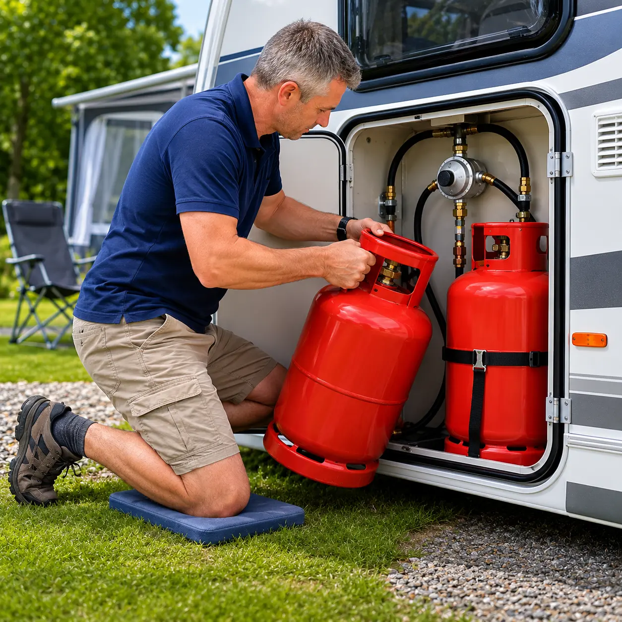 Caravan owner replacing a propane gas bottle