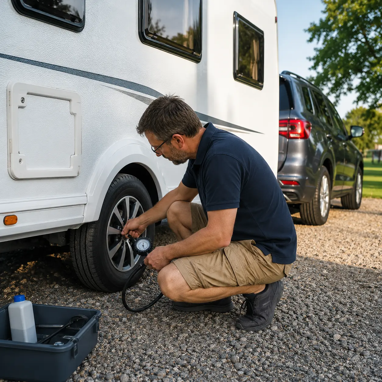 Caravan owner performing tyre safety checks before towing