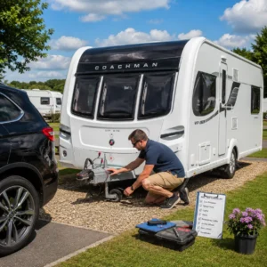 Caravan owner checking tyres and hitch before towing