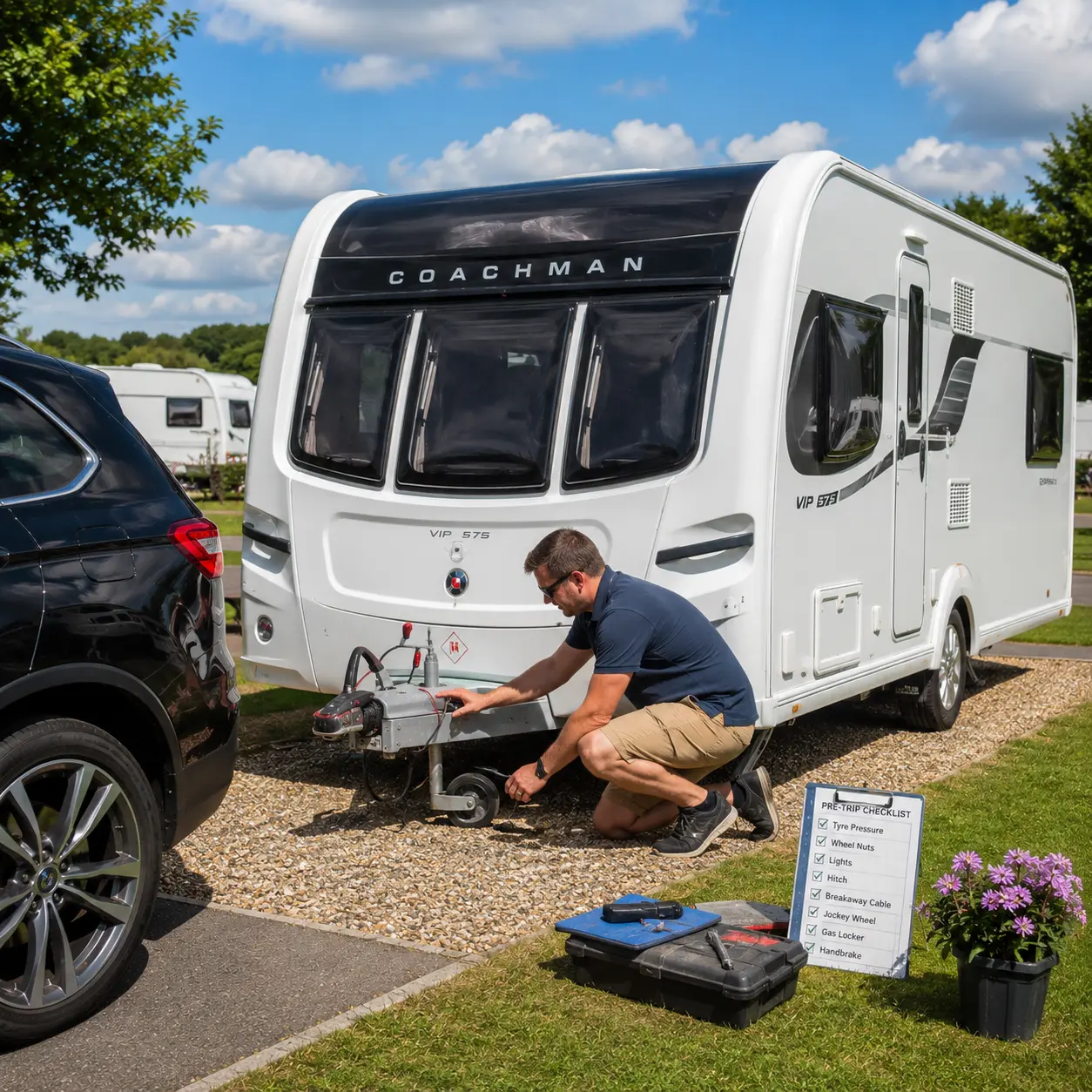 Caravan owner checking tyres and hitch before towing