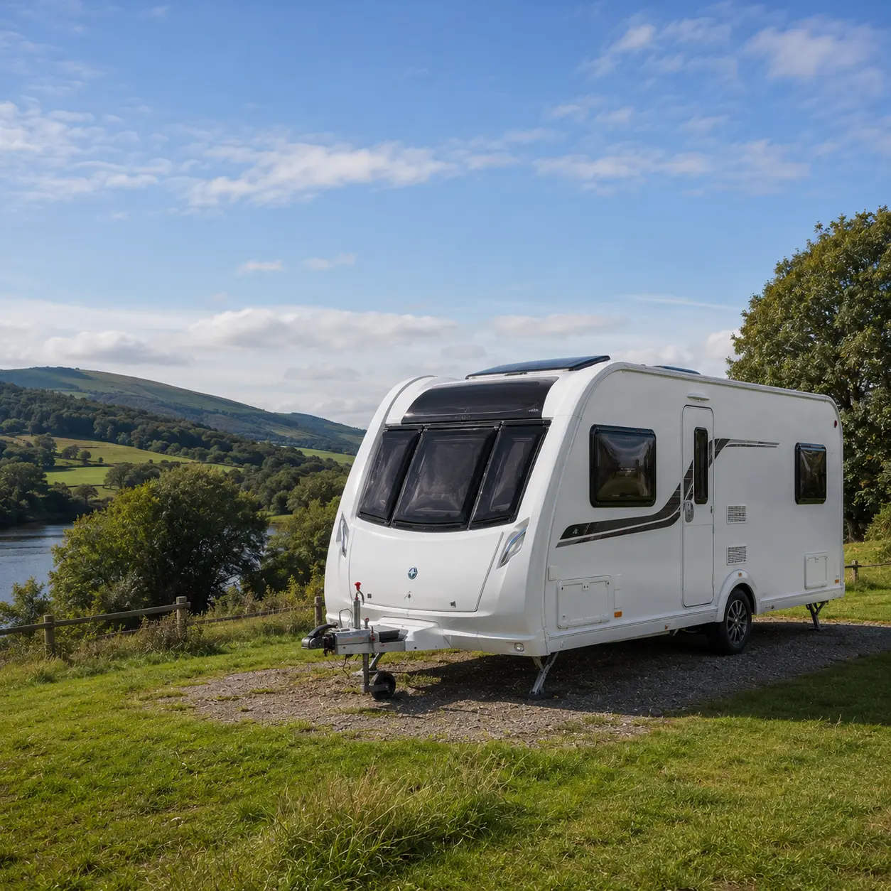 British touring caravan in countryside with solar power setup