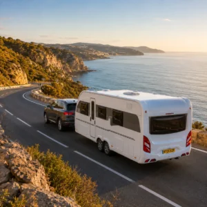 UK touring caravan on a scenic Spanish coastal road