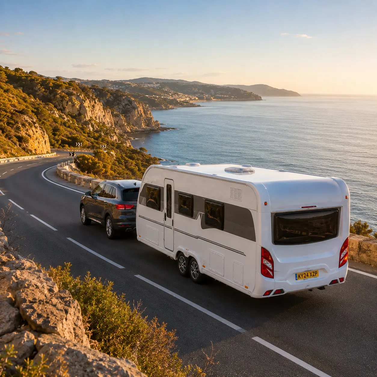 UK touring caravan on a scenic Spanish coastal road