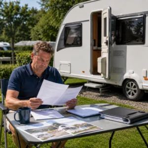 Caravan owner reviewing insurance options beside touring caravan