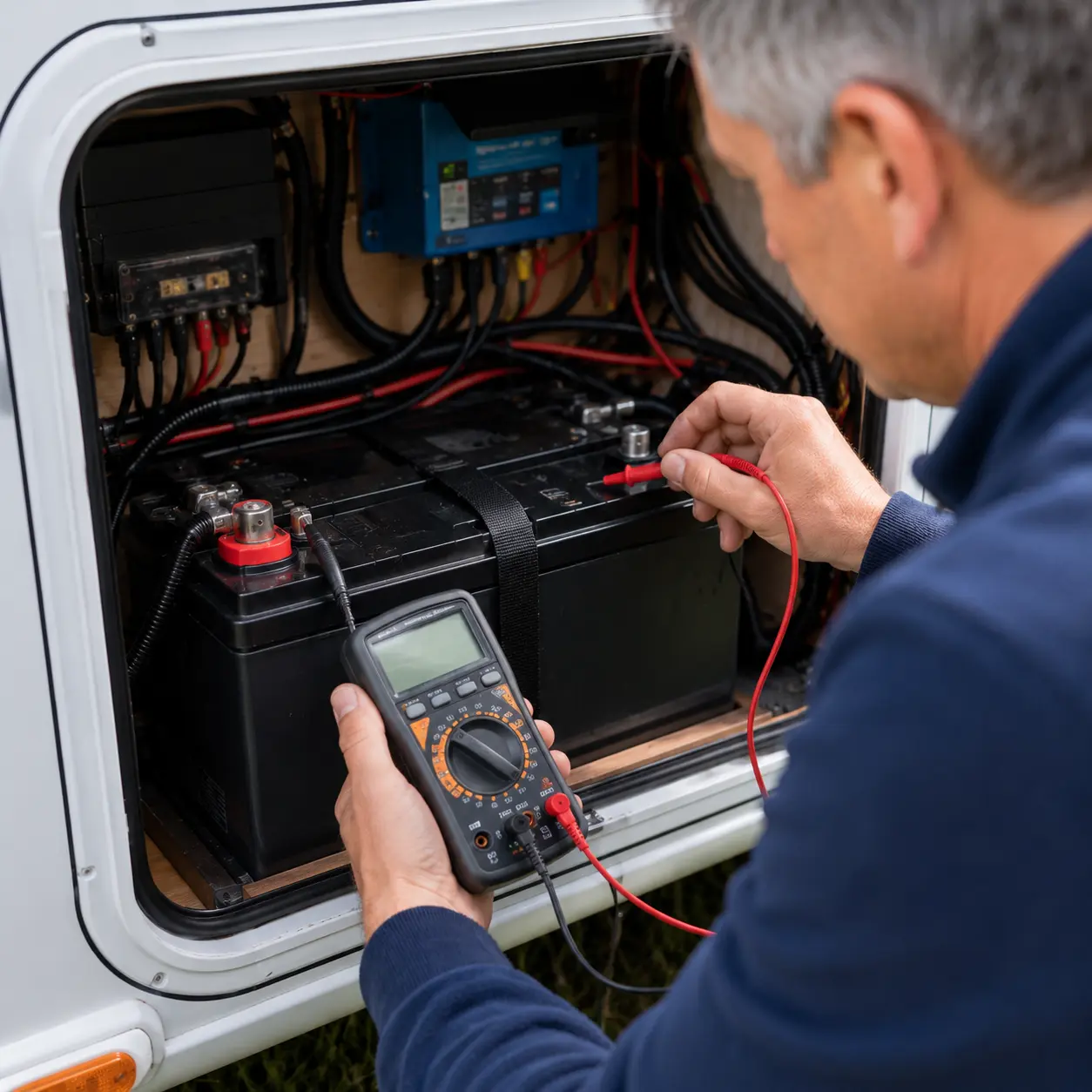 Testing caravan battery voltage with digital meter