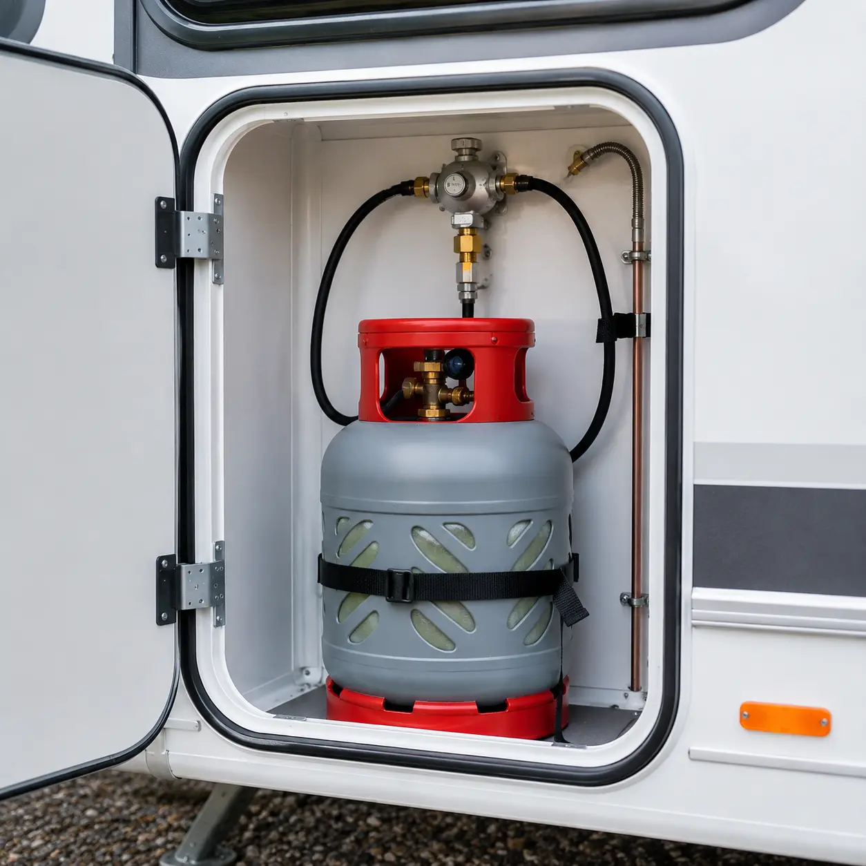 Refillable LPG gas bottle system installed in a touring caravan