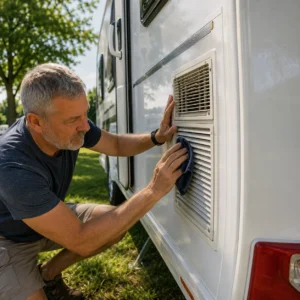 Caravan owner cleaning the external fridge ventilation grille on a modern British touring caravan.