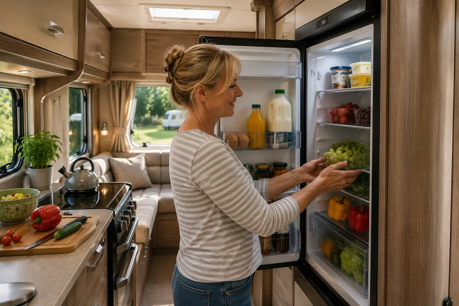 Person stocking a modern British touring caravan fridge with fresh food before a touring holiday.