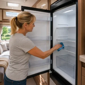 Person cleaning the inside of a modern caravan fridge before winter storage.