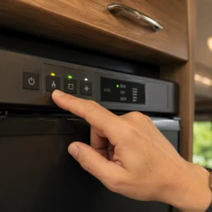 Close-up of a caravan fridge control panel showing gas, 12V and 230V operating modes.